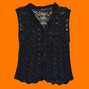 90's vintage black minimalist crochet knit collared button up blouse XS/S